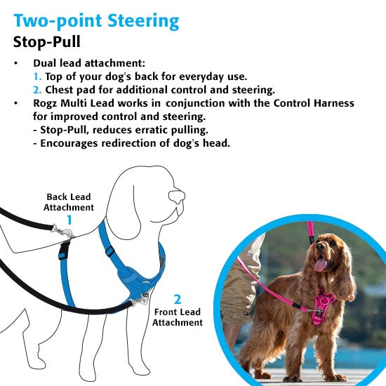 Rogz dog harness guide with dual lead attachments and dog.