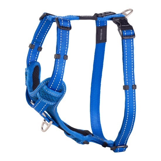 Blue Rogz dog harness on white background.