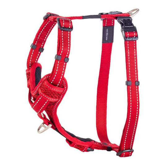 Red Rogz dog harness on a white background.