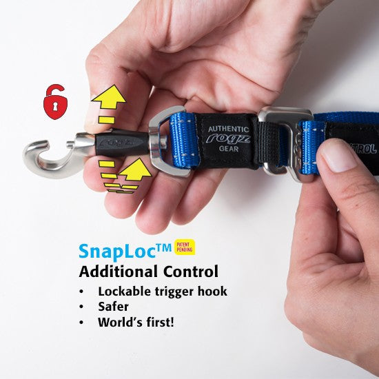 Hands demonstrating the Rogz SnapLoc dog leash lock feature.