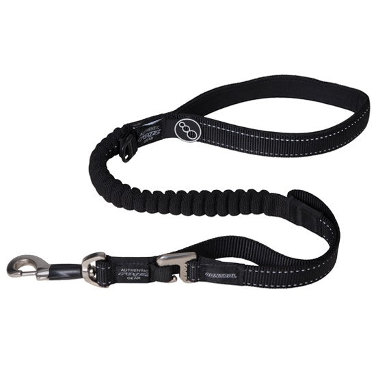 Rogz black bungee dog leash with reflective stitching.