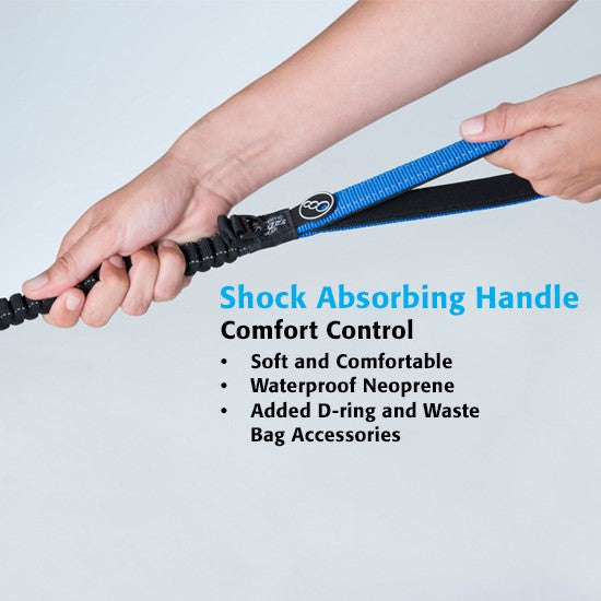 Hand holding blue Rogz dog leash with comfort features text.