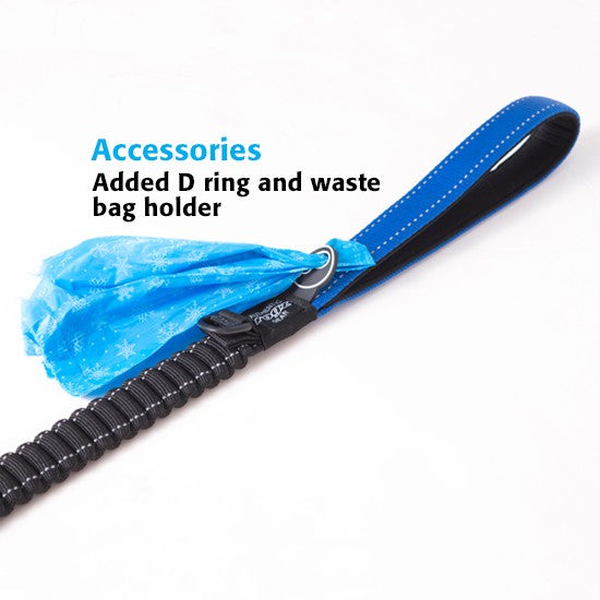Rogz dog leash with D ring and blue waste bag holder.