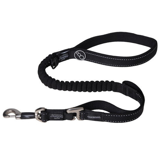 Rogz brand black elastic dog leash with silver clip.