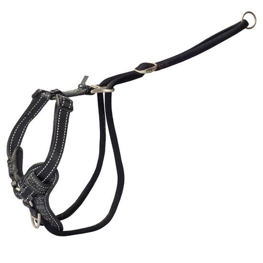 Rogz black dog harness and leash set on white background.