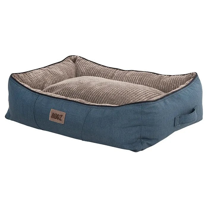 Rogz brand cozy blue and gray pet bed.