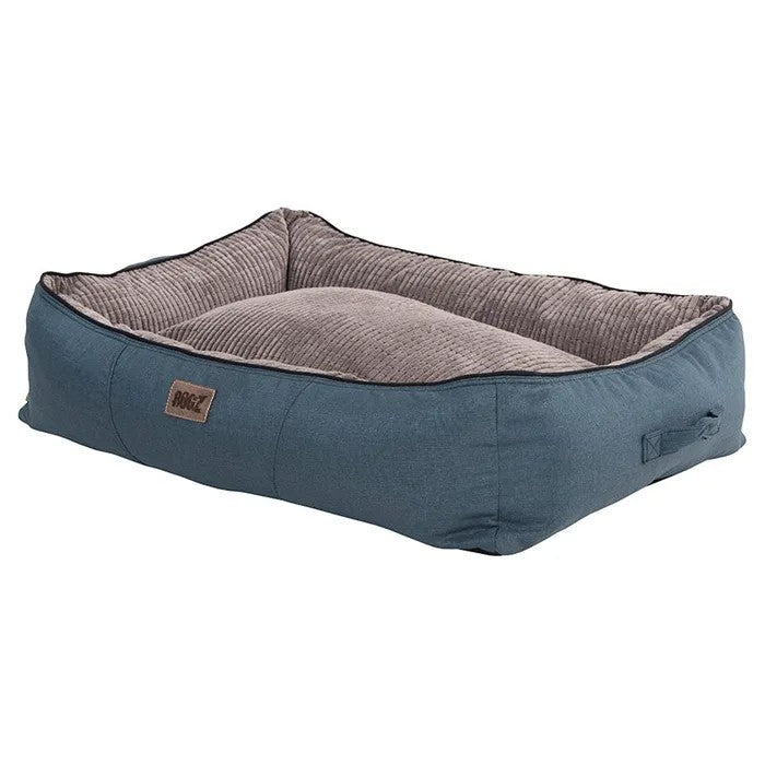 Rogz brand blue and gray dog bed on white background.