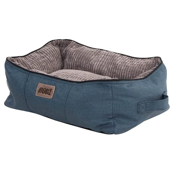 Rogz brand cozy blue and grey pet bed.