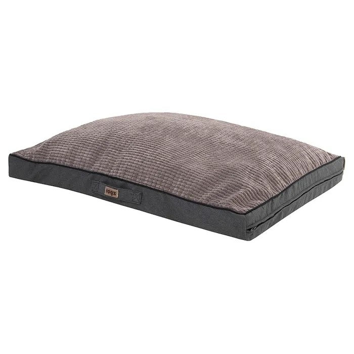 Rogz brand gray dog bed with textured cover.
