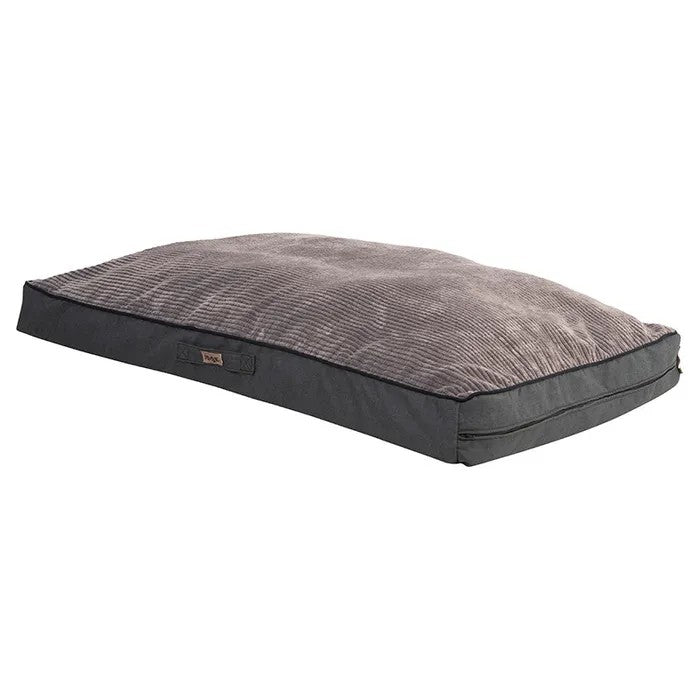 Rogz brand gray corduroy textured dog bed.