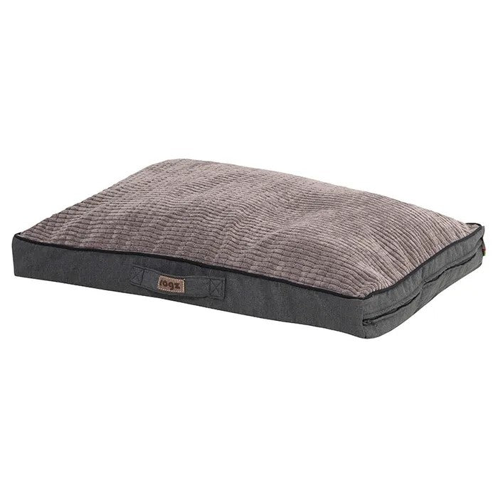 Rogz brand gray textured pet cushion on a white background.
