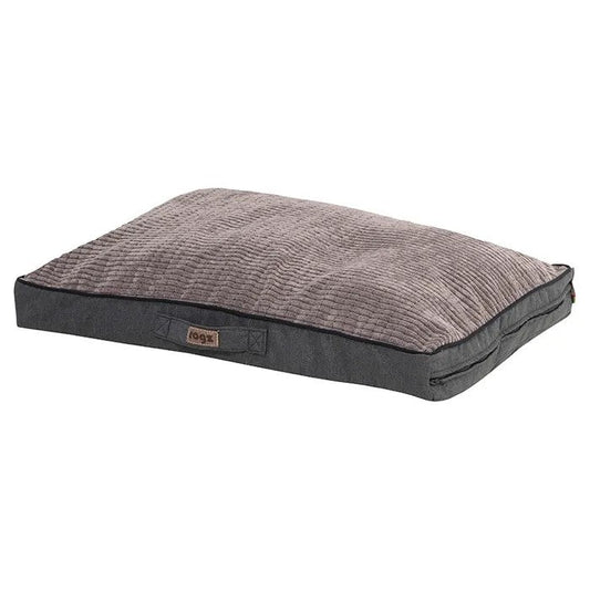 Rogz brand grey textured dog bed on white background.