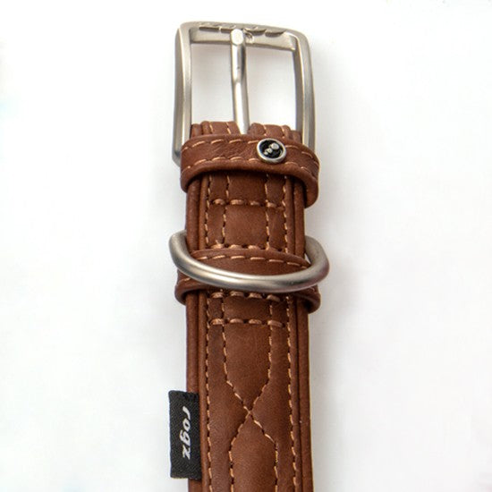 Rogz brand brown leather belt with metal buckle.