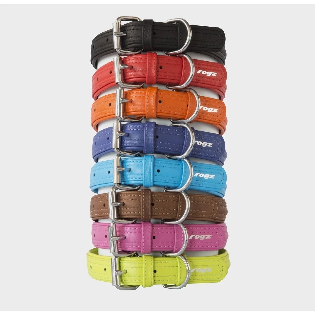 Stack of colorful Rogz dog collars on white background.