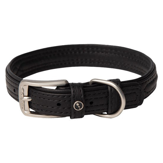 Rogz black leather dog collar with metal buckle.