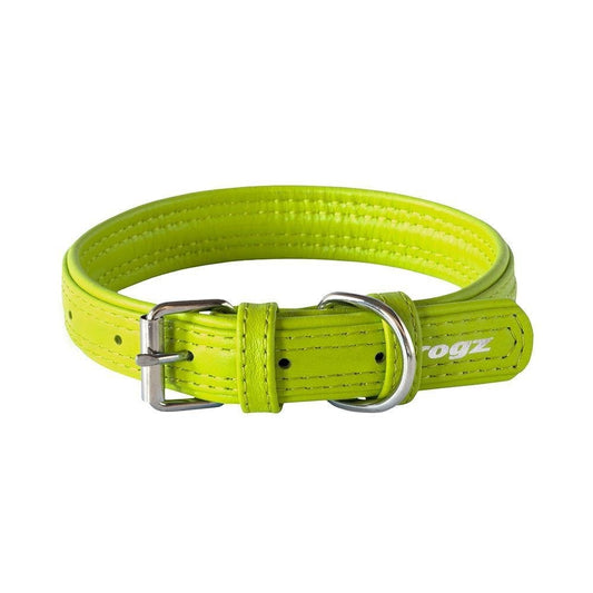 Bright lime green Rogz dog collar with metal buckle.