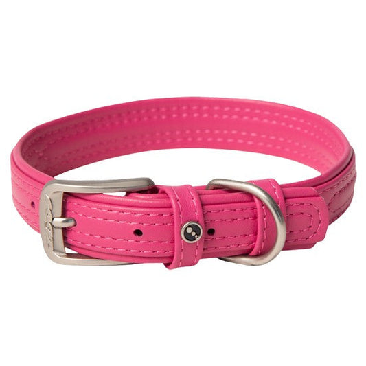 Pink Rogz dog collar with metal buckle on white background.