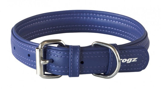 Blue Rogz brand dog collar with silver buckle.