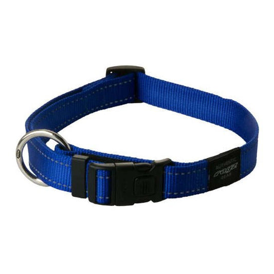 Blue Rogz dog collar with buckle and metal ring.