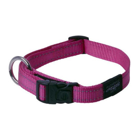 Pink Rogz dog collar with black buckle and ring.
