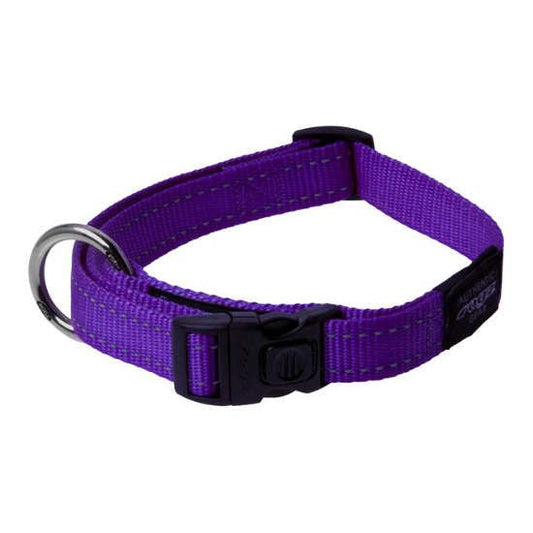 Rogz purple dog collar with buckle and metal ring.