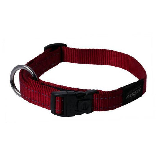 Red Rogz dog collar with buckle and metal ring.