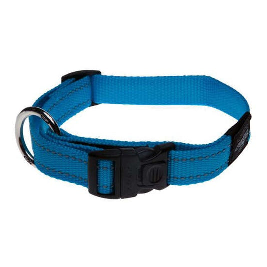 Blue Rogz dog collar with buckle on white background.