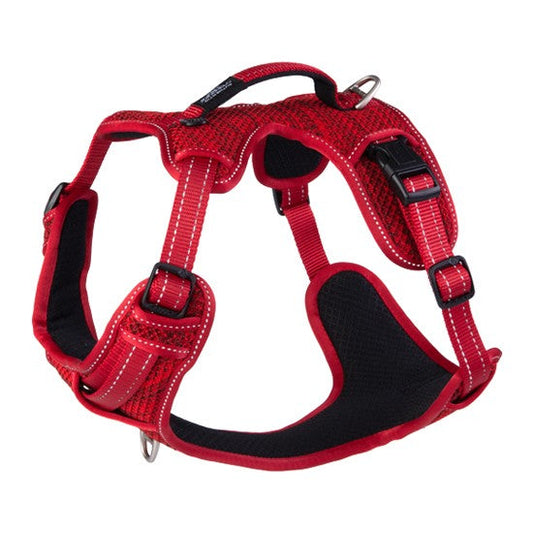 Red Rogz dog harness on a white background.