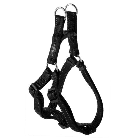 Black Rogz dog harness with adjustable straps.