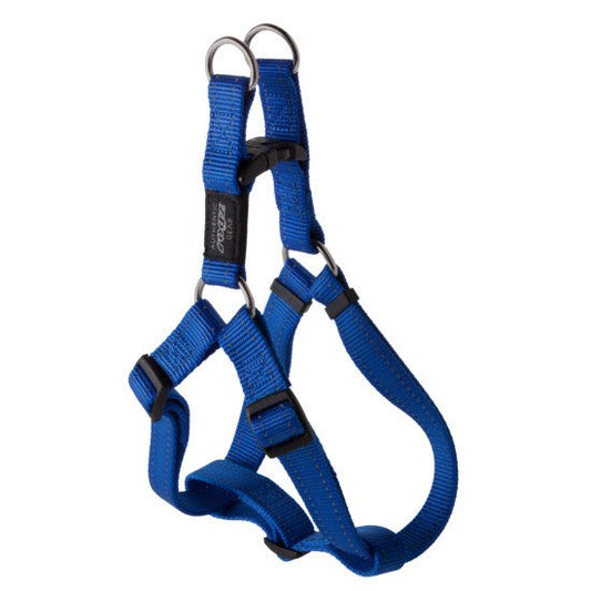 Blue Rogz dog harness with adjustable straps and rings.