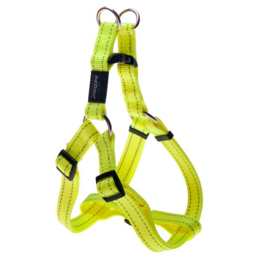 Rogz yellow adjustable dog harness on white background.