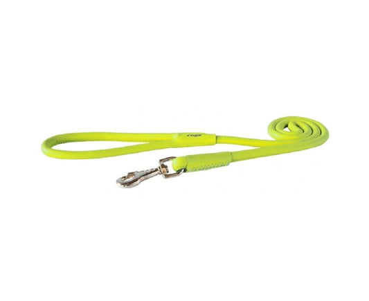 Bright green Rogz brand dog leash with metal clasp.