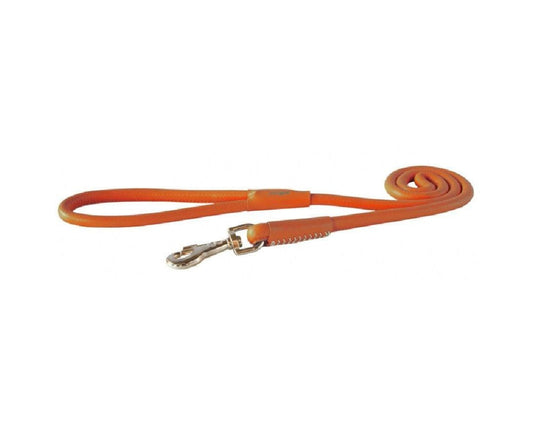 Rolled orange Rogz dog leash with metal clasp on white background.