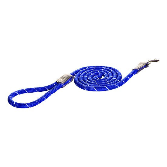 Alt text: Blue Rogz dog leash coiled on a white background.
