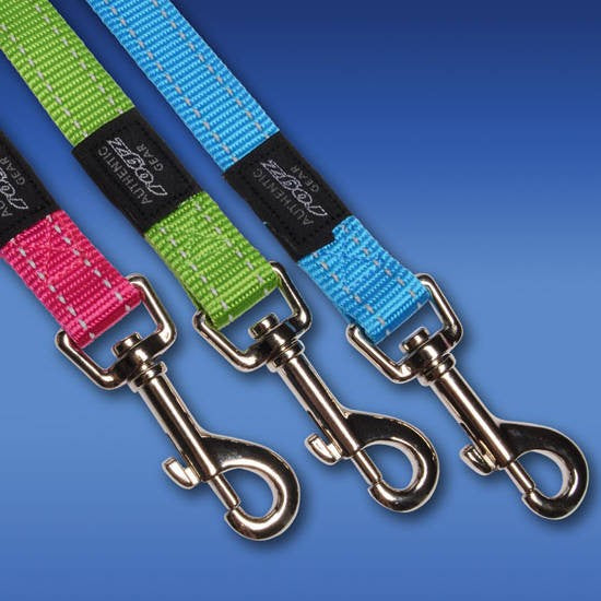 Three Rogz dog leashes with metal clasps on blue background.