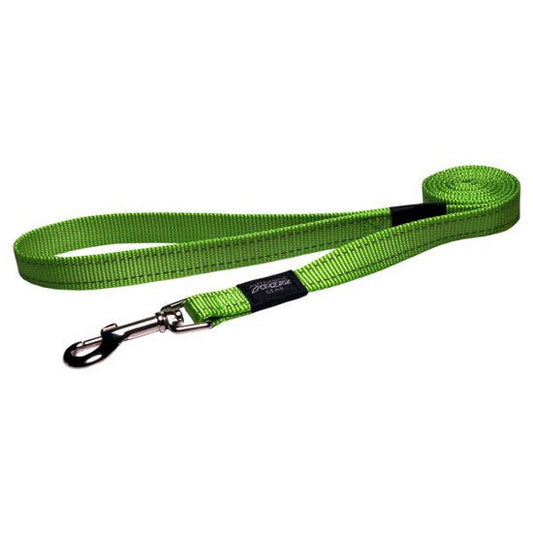Green Rogz dog leash with reflective stitching and clip.