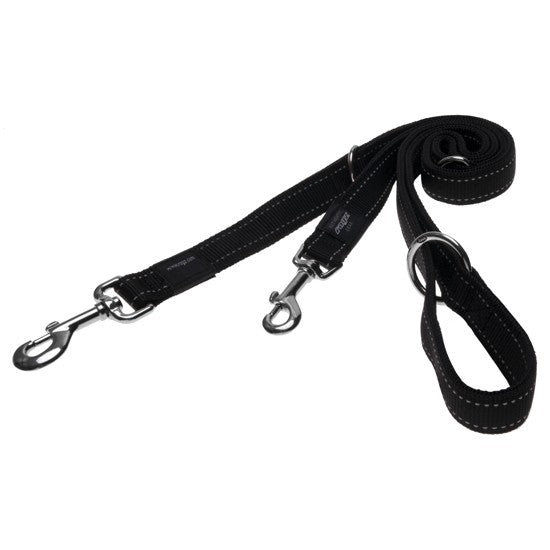 Black Rogz dog leash with reflective stitching and clasps.