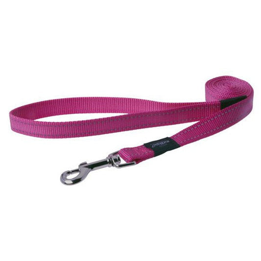 Pink Rogz dog leash with metal clasp on white background.