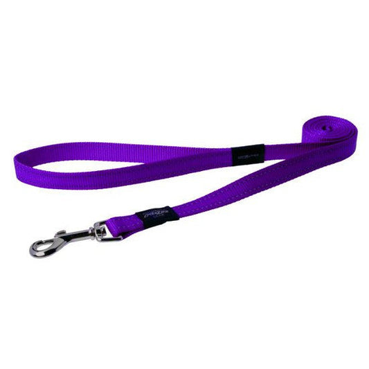 Purple Rogz dog leash with metal clasp on white background.