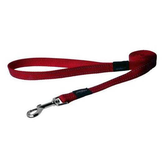 Red Rogz dog leash with reflective stitching and clip.