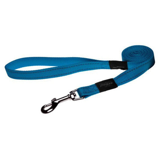 Rogz blue dog leash with metal clip and logo.