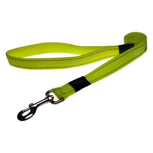Alt text: Rogz brand bright green dog leash with metal clip.