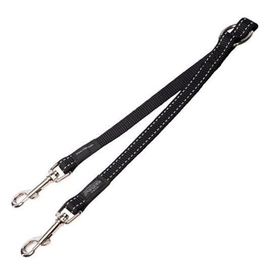 Rogz black reflective dog leash with two clips.