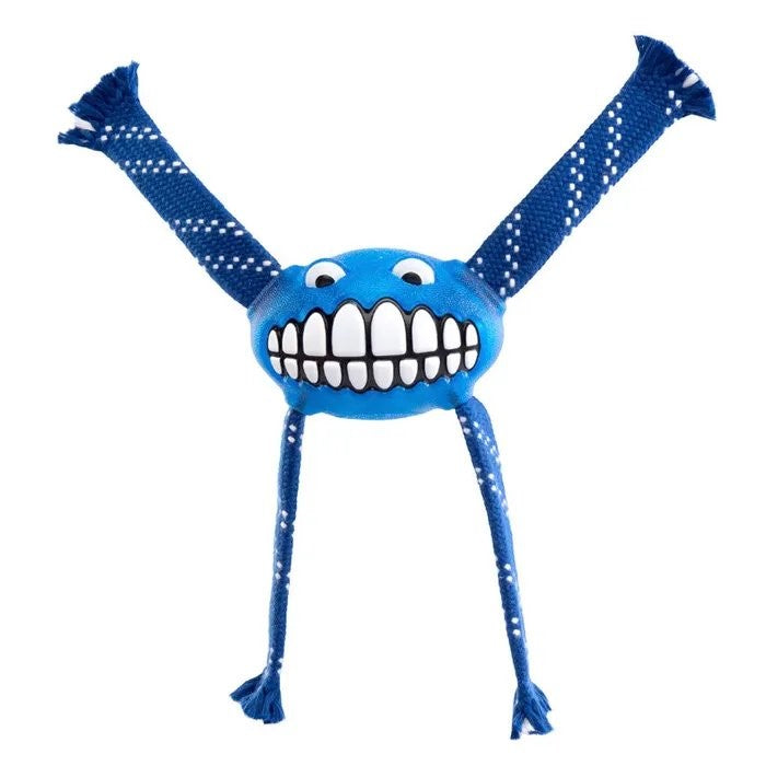 Rogz blue plush toy with goofy smile and long limbs.