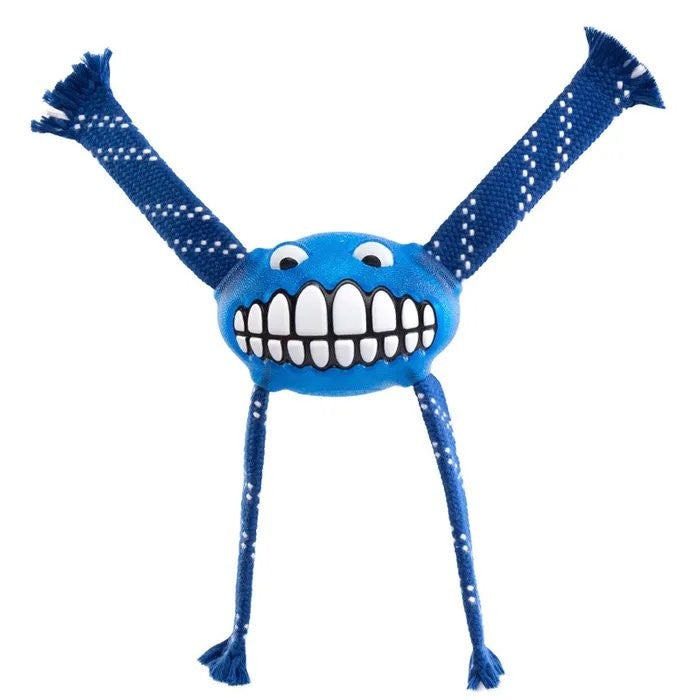 Rogz blue smiling plush dog toy with tassels.