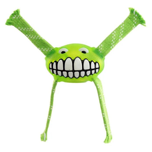 Rogz green grinning plush toy with dangling arms.