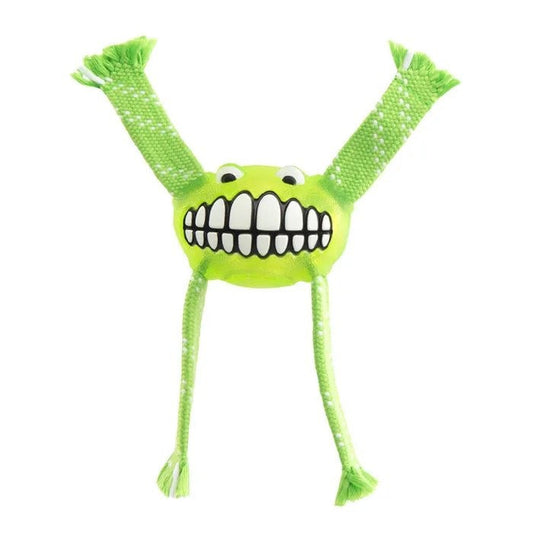Rogz lime green smiling toy with tassels and legs.