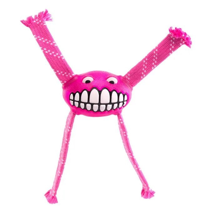 Alt: Pink Rogz dog toy with smiley face and tassels.