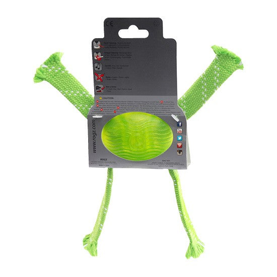 Alt: Rogz lime green ball with ropes dog toy hanging on display.