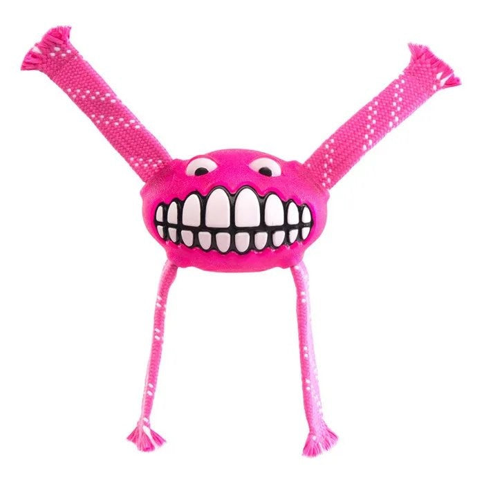 Pink Rogz dog toy with goofy smile and floppy legs.